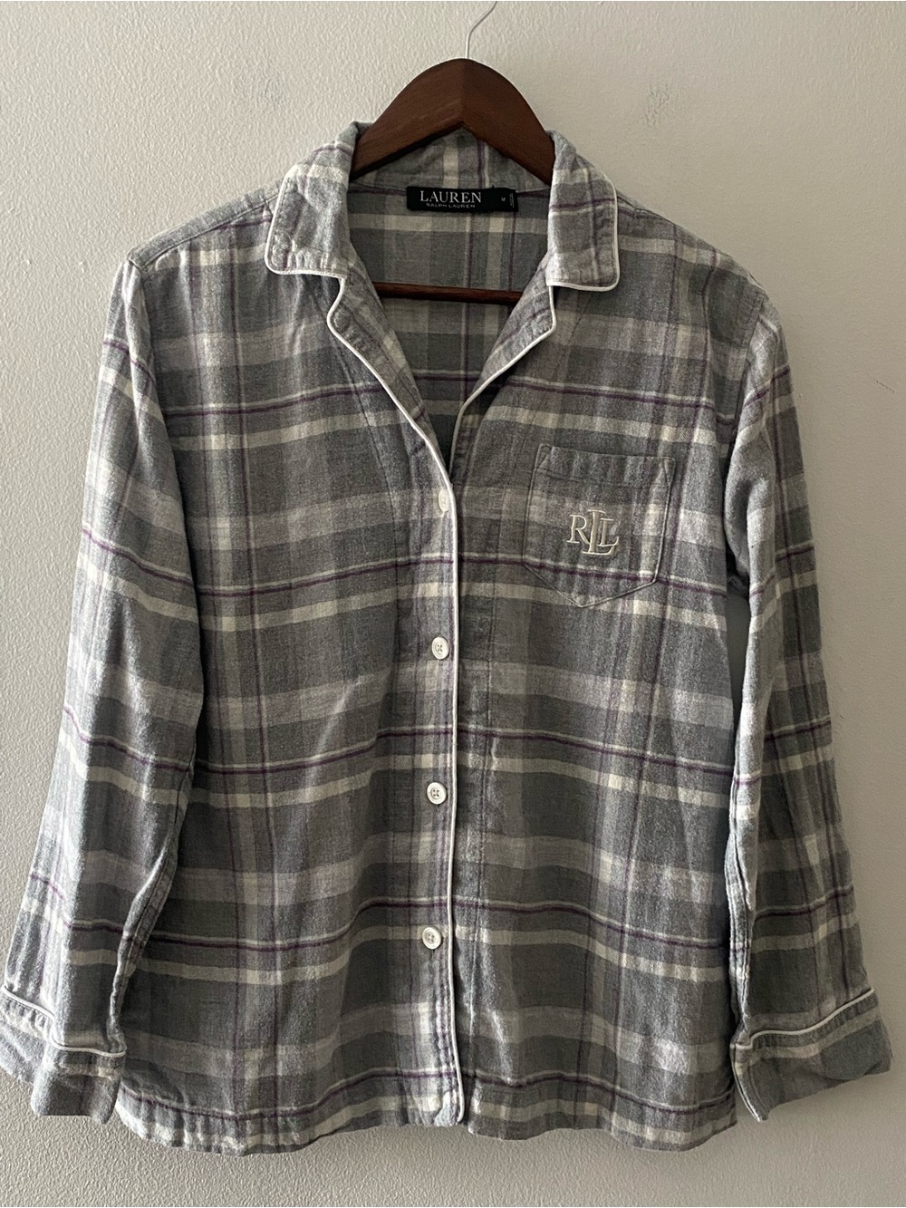 Lauren Ralph Lauren Women’s  Gray Purple Plaid Flannel Pajama Top Logo Pocket